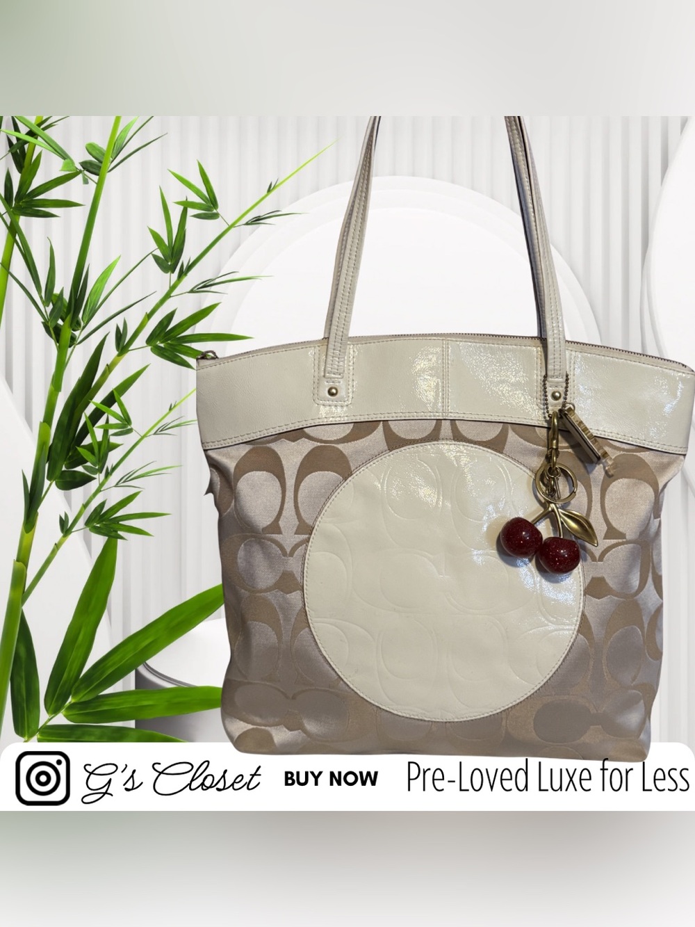 Coach Beige Signature Canvas Tote with Cream Leather Accent